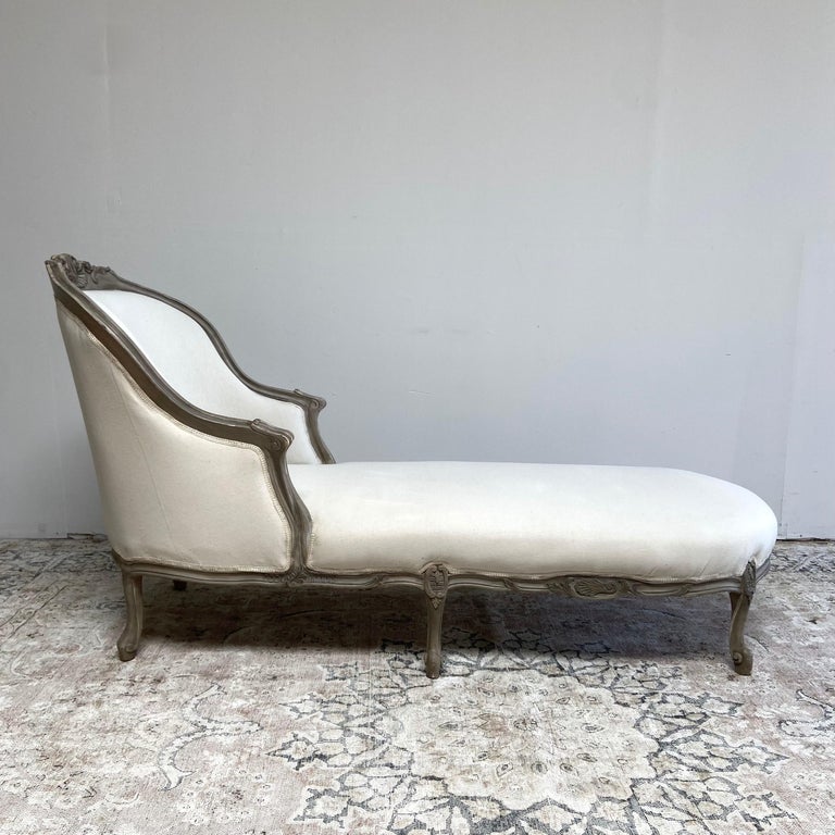 Vintage French Upholstered Chaise Lounge in Gray Finish at 1stDibs