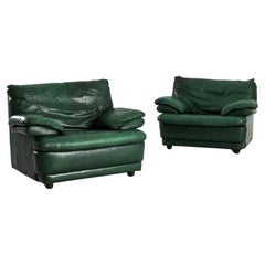 Vintage French Upholstered Green Leather Armchairs, a Pair