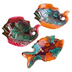 Vintage French Vallauris Signed Fat Lava Ceramic Fish Sculpture-Trays, 1950s