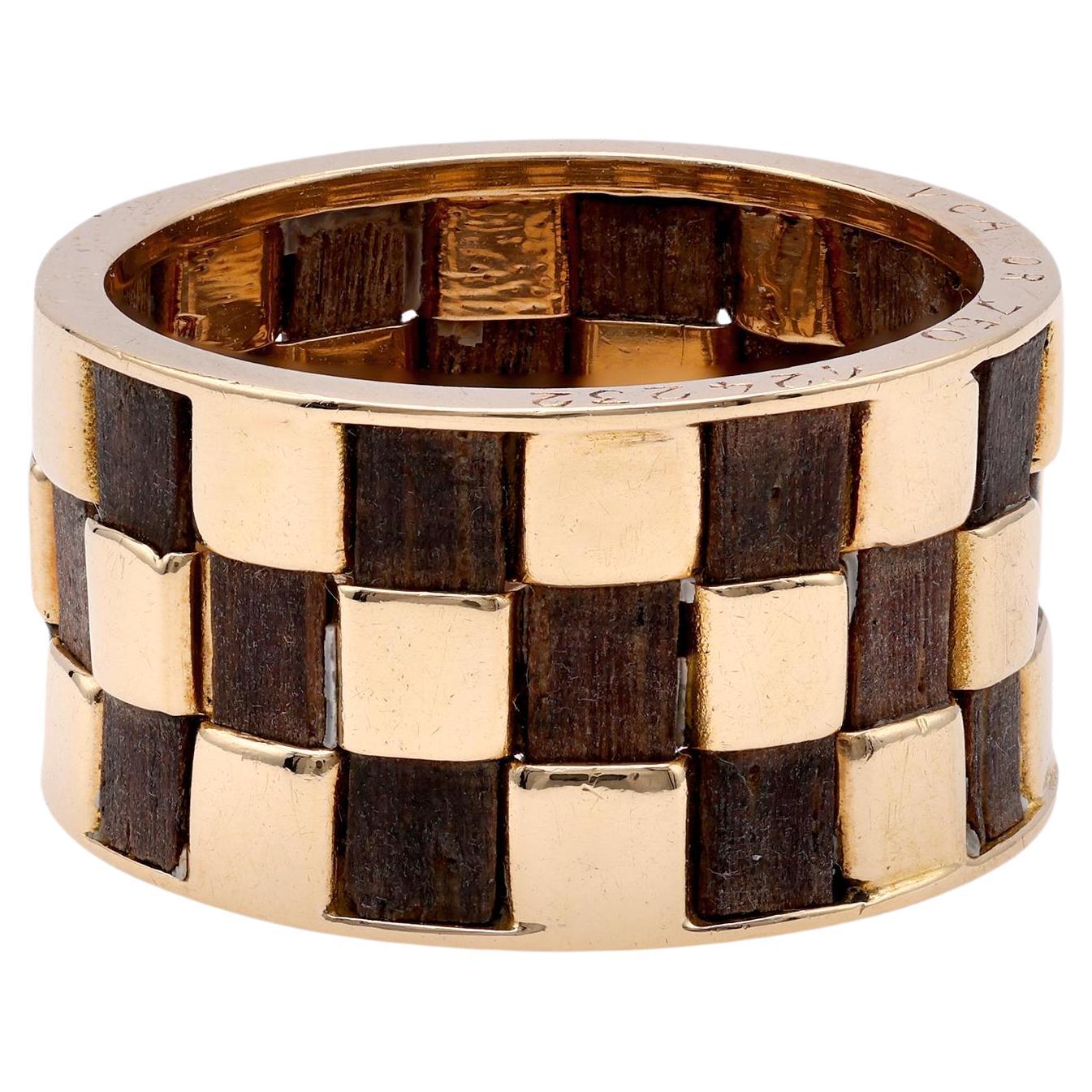 Vintage French Van Cleef & Arpels Wood 18k Yellow Gold Band Ring For Sale