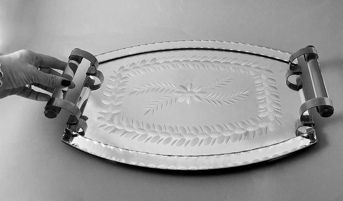 Vintage French Vanity Tray with Engraved and Ground Mirror For Sale 9