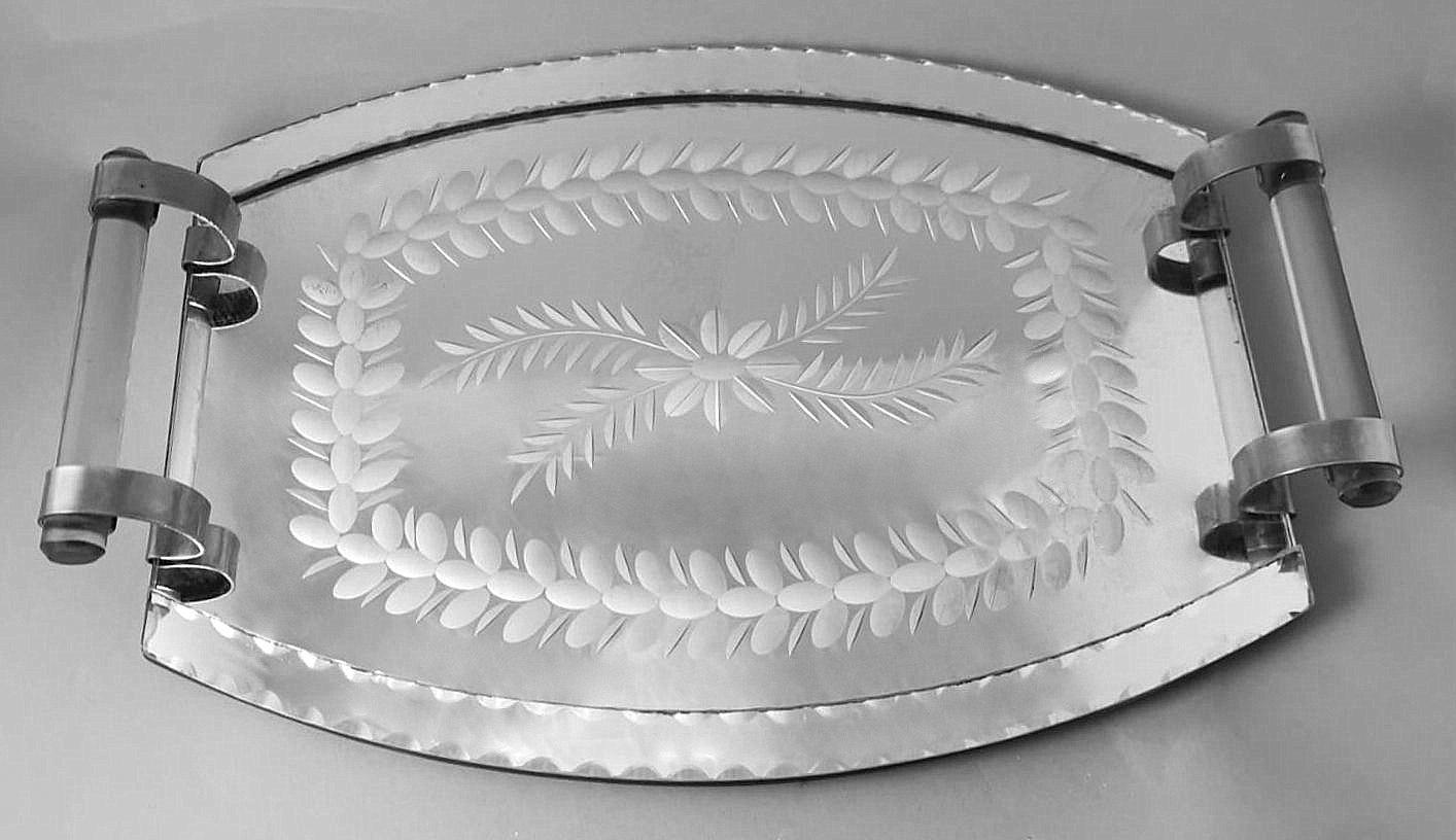 Mid-Century Modern Vintage French Vanity Tray with Engraved and Ground Mirror For Sale