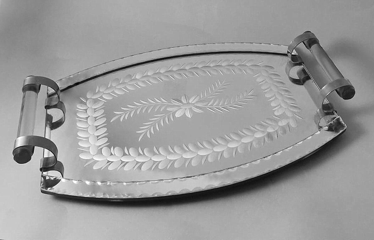Hand-Crafted Vintage French Vanity Tray with Engraved and Ground Mirror For Sale