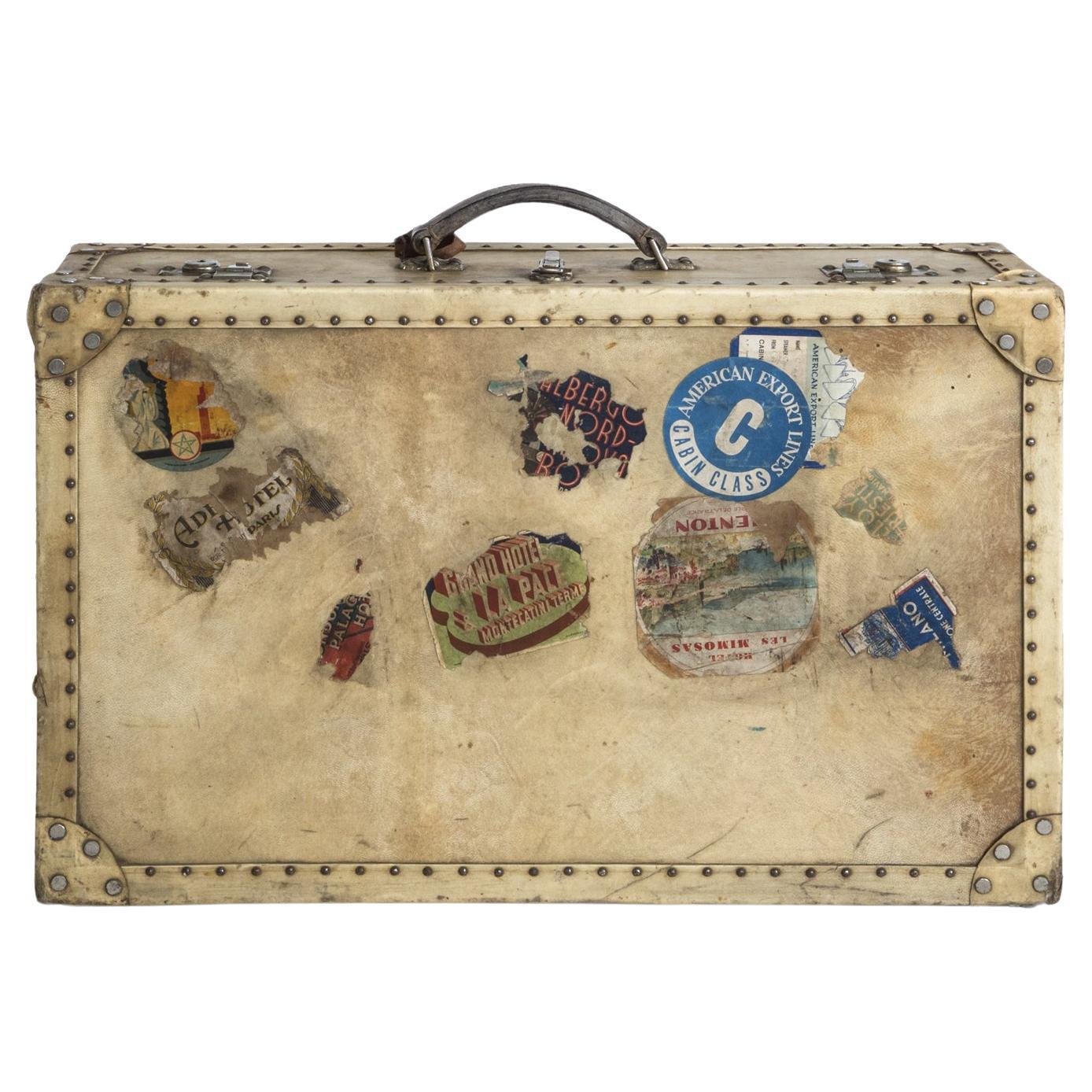 French Vellum White Leather Suitcase or Valise with Original Labels, 1920s For Sale