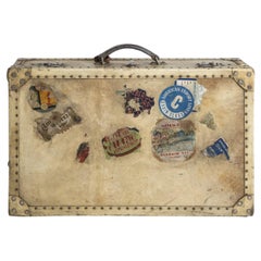 Antique French Vellum White Leather Suitcase or Valise with Original Labels, 1920s