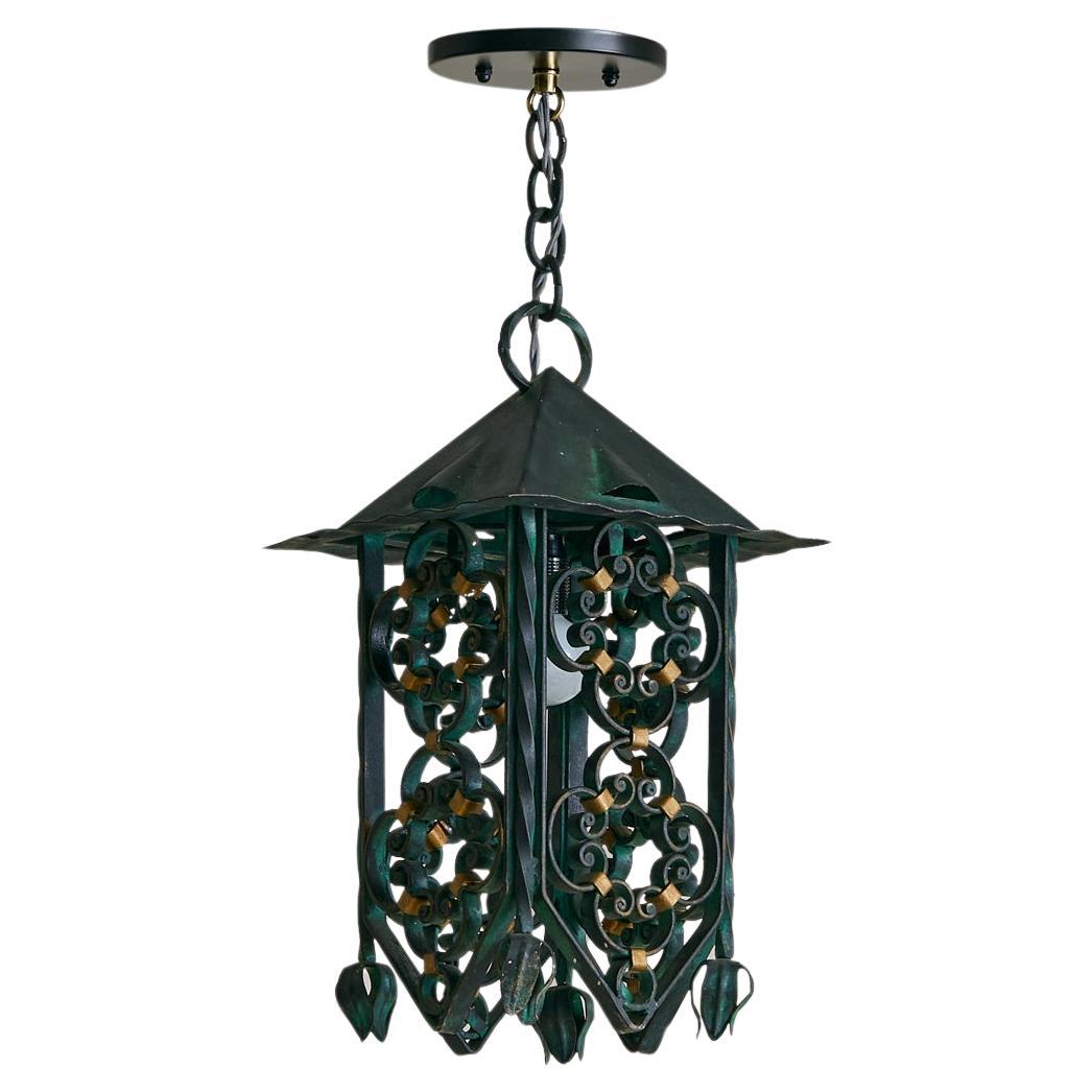 Vintage French Verdigris Wrought Iron Lantern Pendant - 2 Available en vente