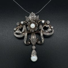 Vintage French Victorian Diamond and Pearl Silver on Gold Ribbon Pendant Brooch