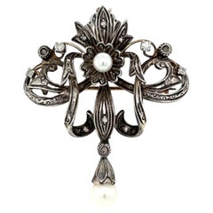 Vintage French Victorian Diamond and Pearl Silver on Gold Ribbon Pendant Brooch