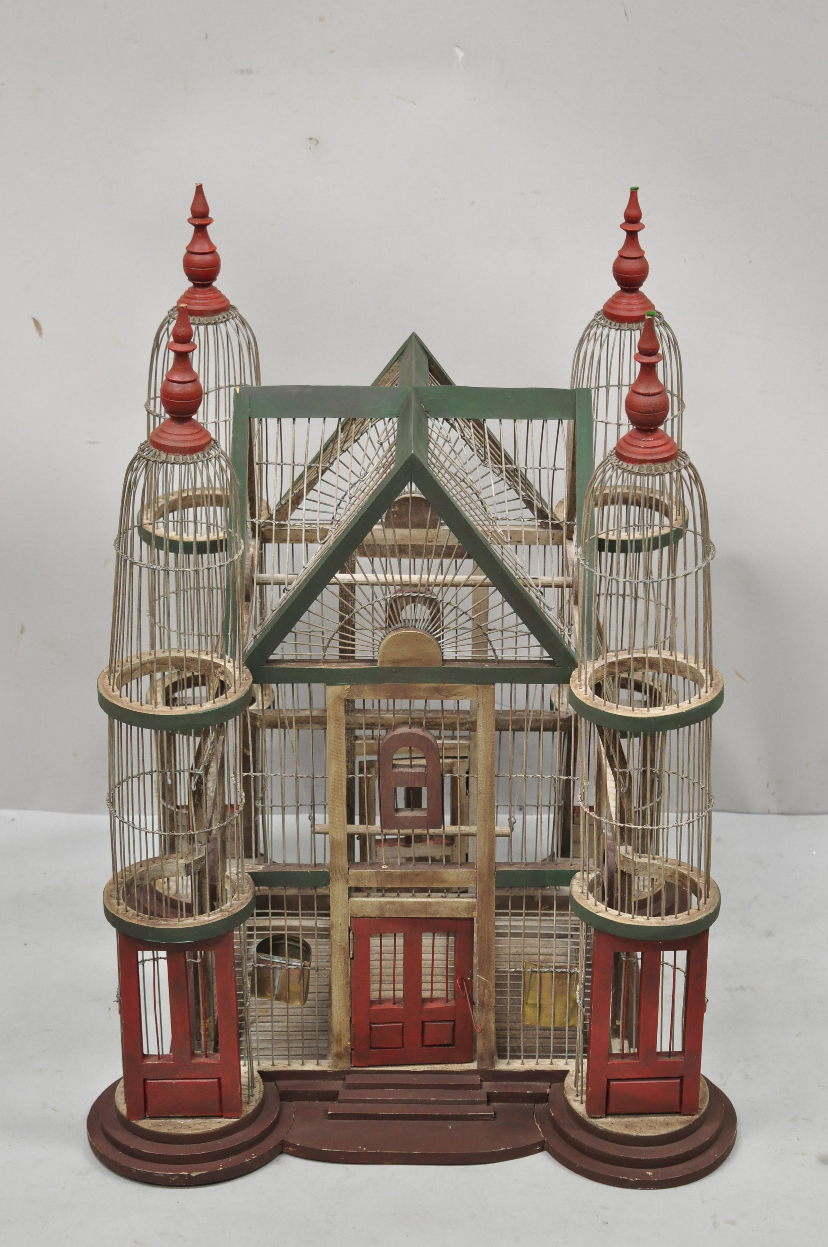 Vintage French Victorian Large Wooden Antique Painted Cathedral Domed Birdcage 7