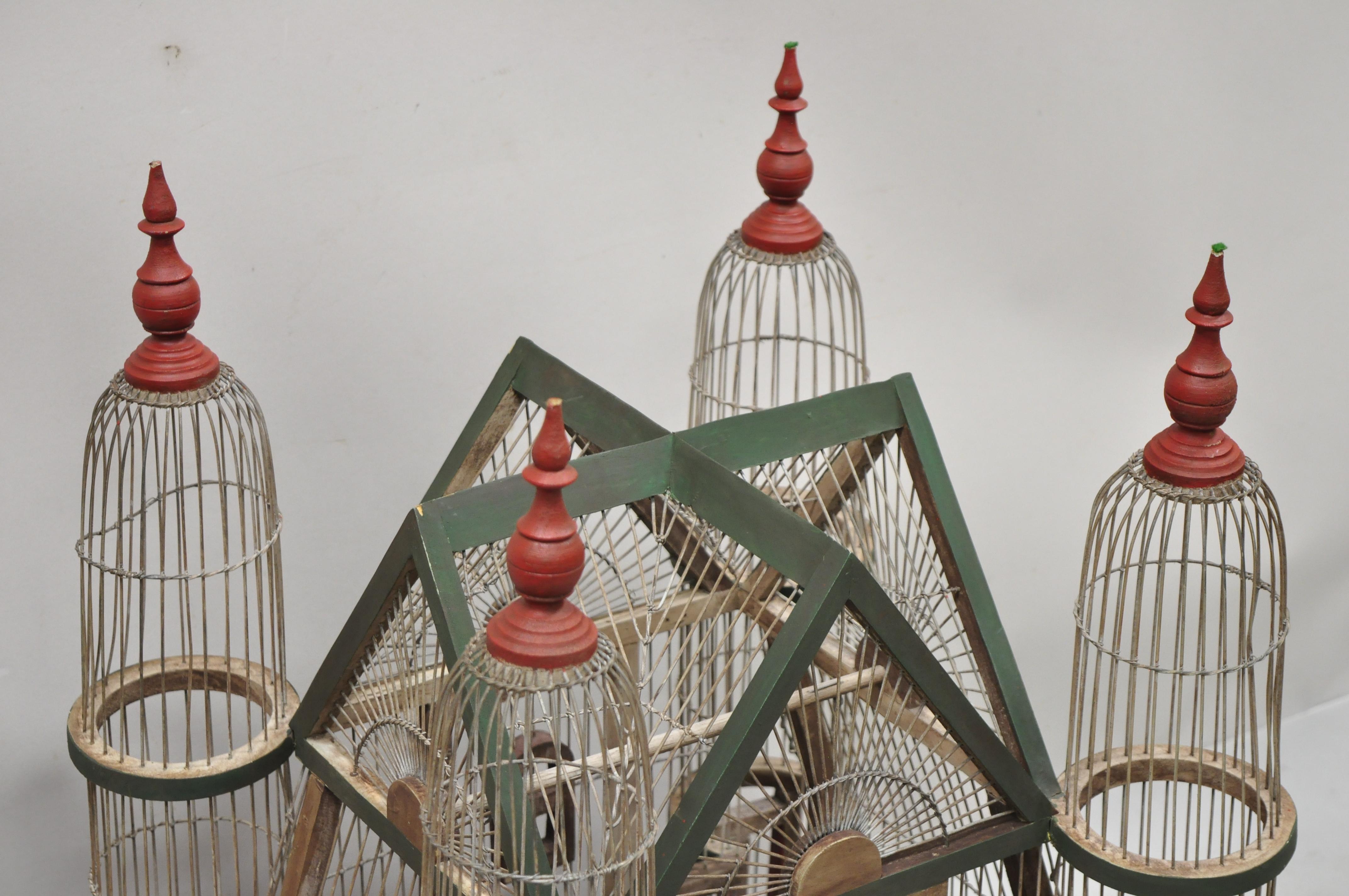 Vintage French Victorian Large Wooden Antique Painted Cathedral Domed Birdcage In Good Condition In Philadelphia, PA