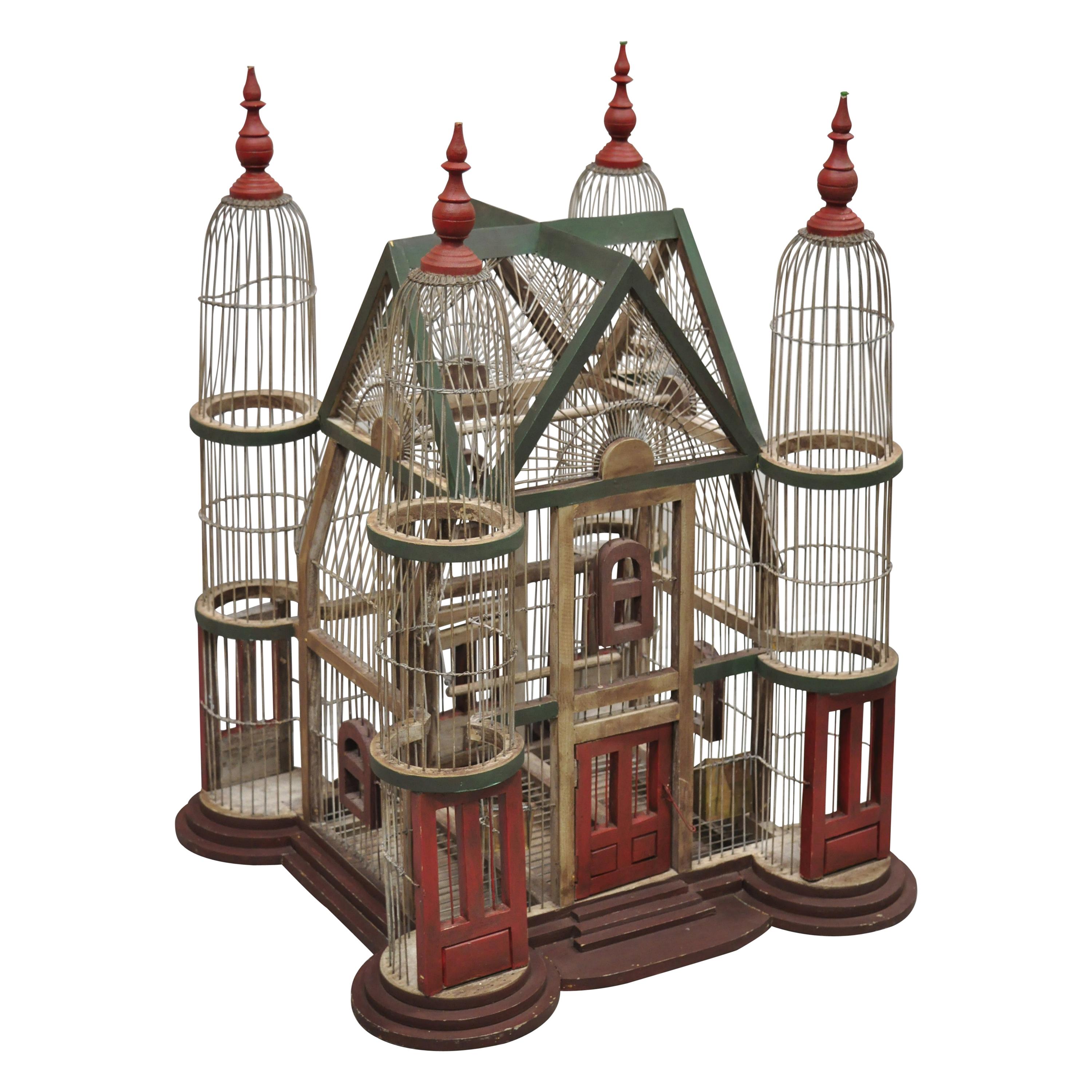 Vintage French Victorian Large Wooden Antique Painted Cathedral Domed Birdcage