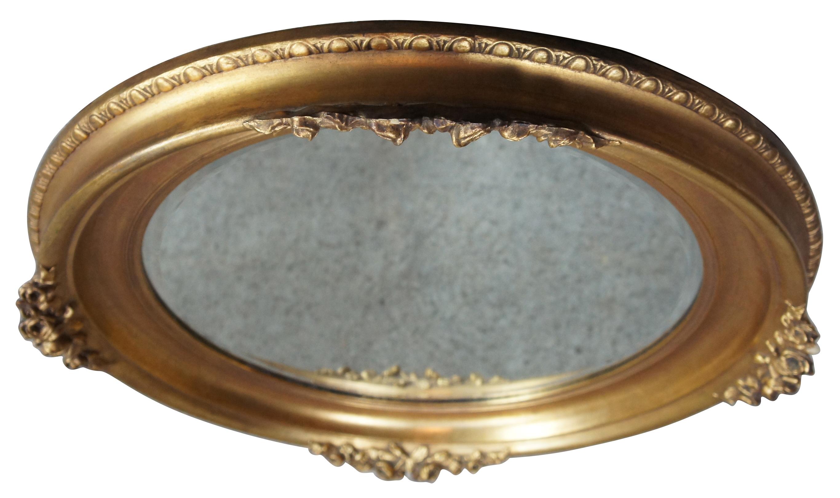 Vintage French Victorian Oval Vanity Accent Wall Mirror Ornate Gold Roses In Good Condition In Dayton, OH