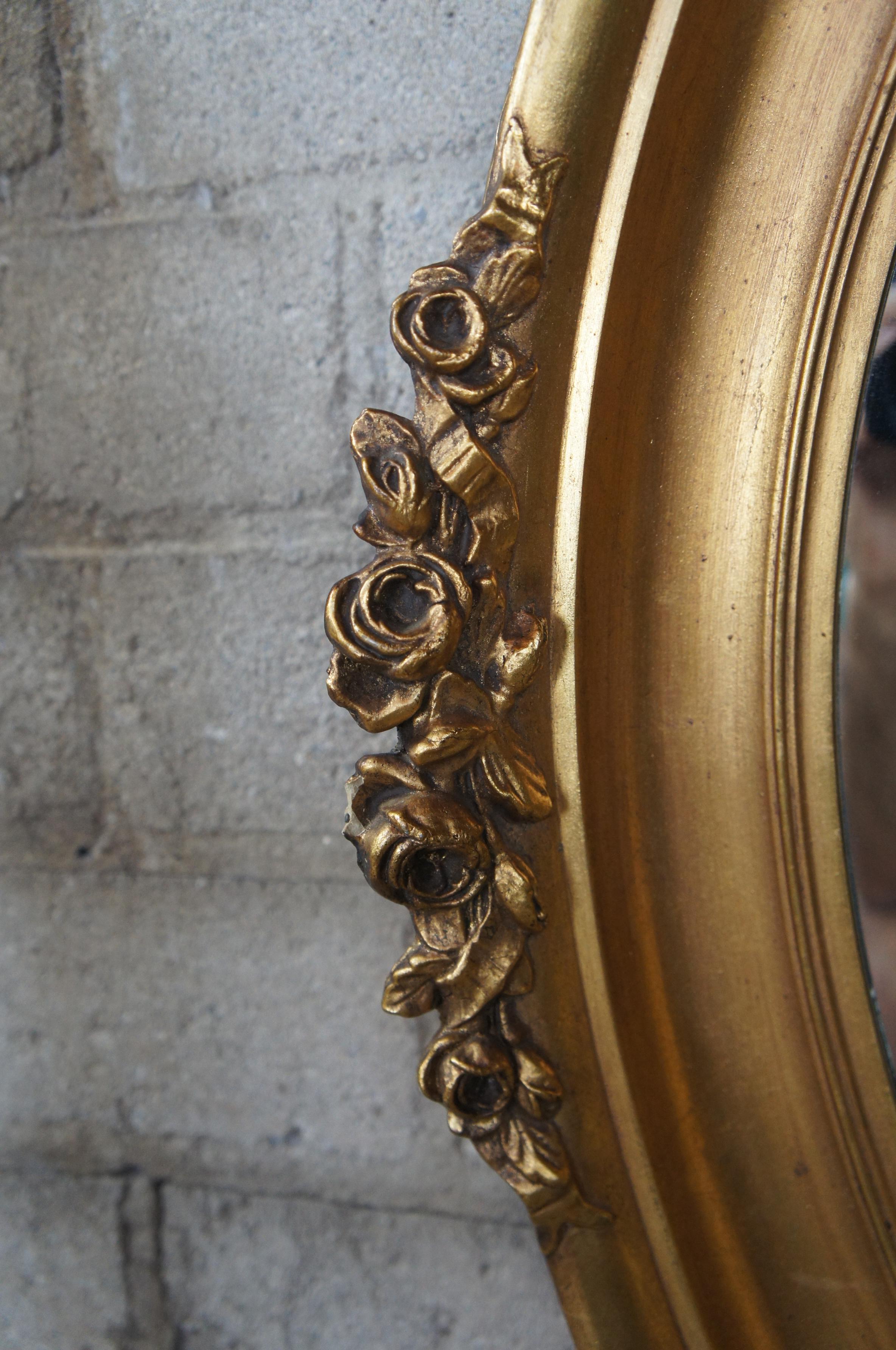Gesso Vintage French Victorian Oval Vanity Accent Wall Mirror Ornate Gold Roses