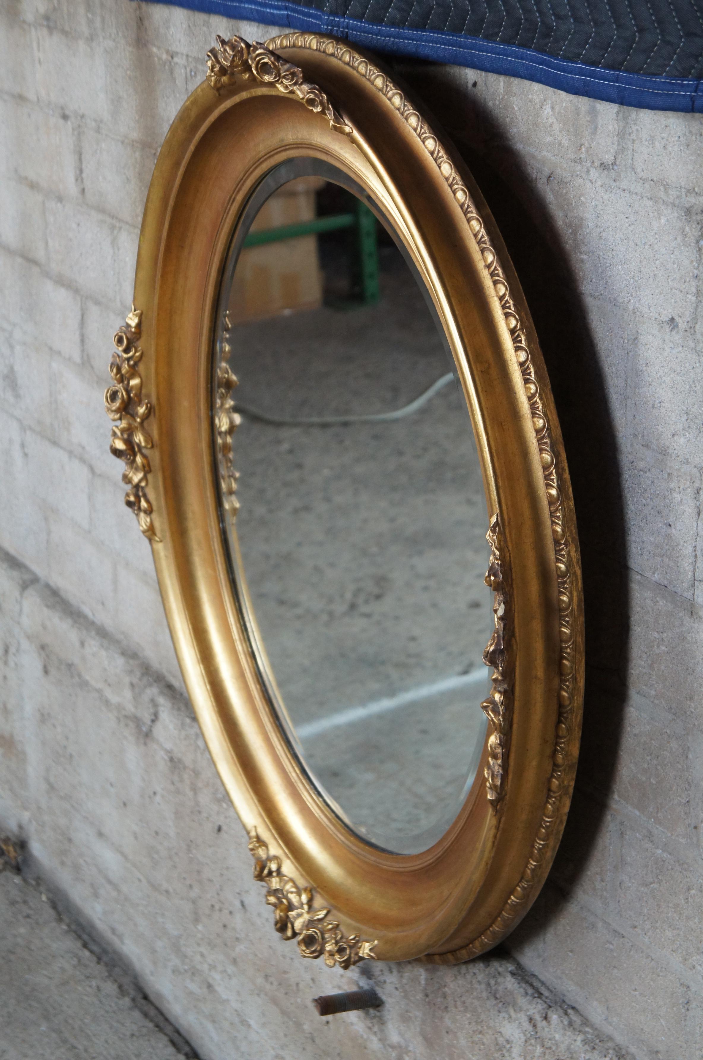 Vintage French Victorian Oval Vanity Accent Wall Mirror Ornate Gold Roses 1