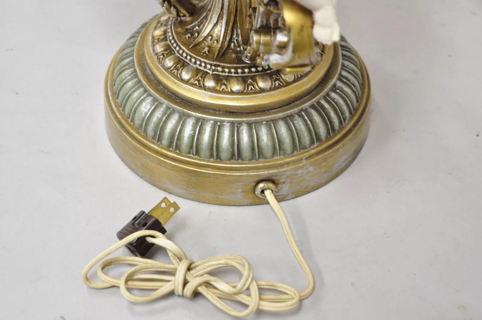Vintage French Victorian Renaissance Figural Cherub Musician Metal Table Lamp For Sale 5