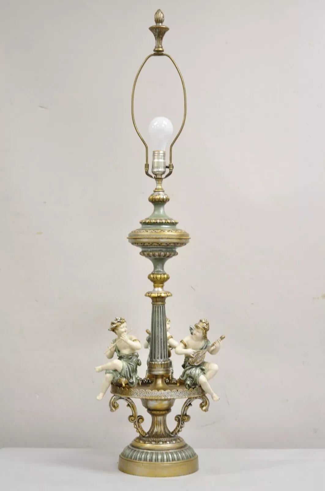 Vintage French Victorian Renaissance Figural Cherub Musician Metal Table Lamp For Sale 6