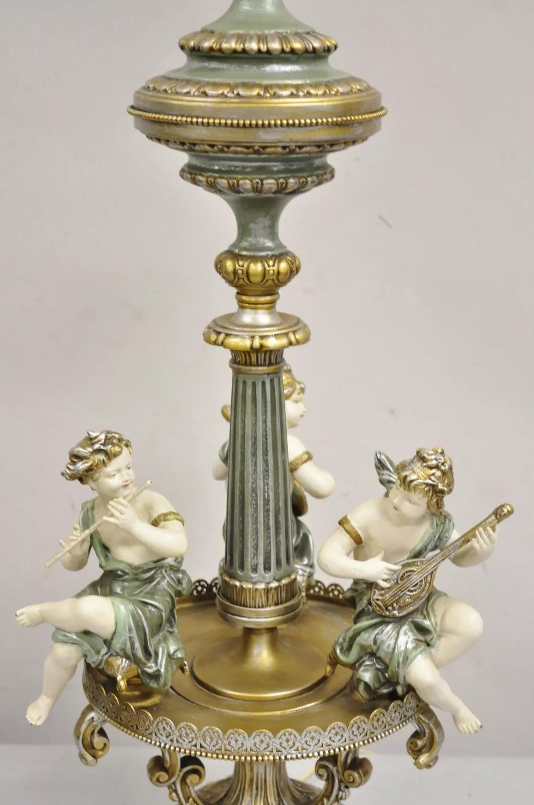 Vintage French Victorian Renaissance Figural Cherub Musician Metal Table Lamp For Sale 7