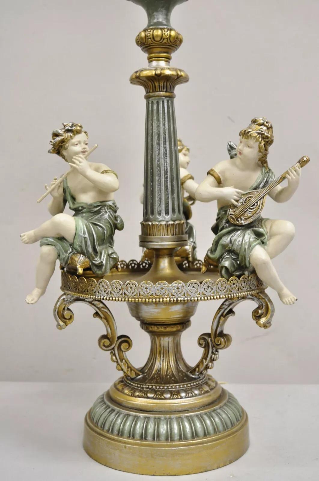 Unknown Vintage French Victorian Renaissance Figural Cherub Musician Metal Table Lamp For Sale