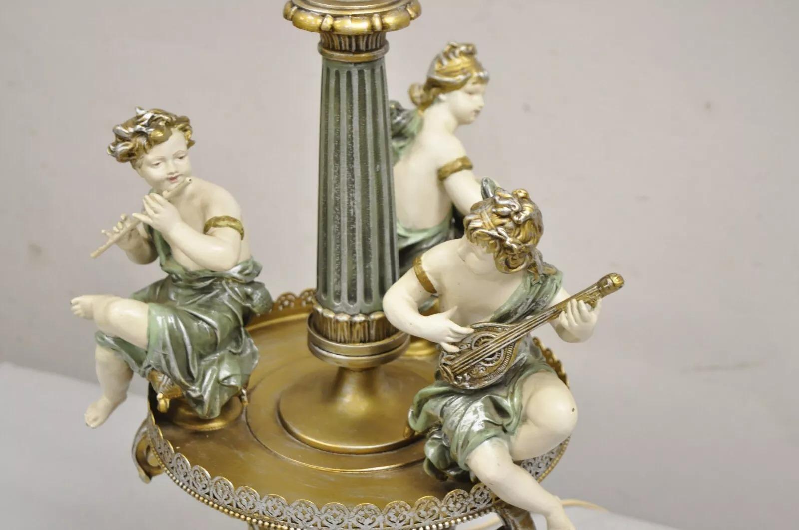 Vintage French Victorian Renaissance Figural Cherub Musician Metal Table Lamp In Good Condition For Sale In Philadelphia, PA