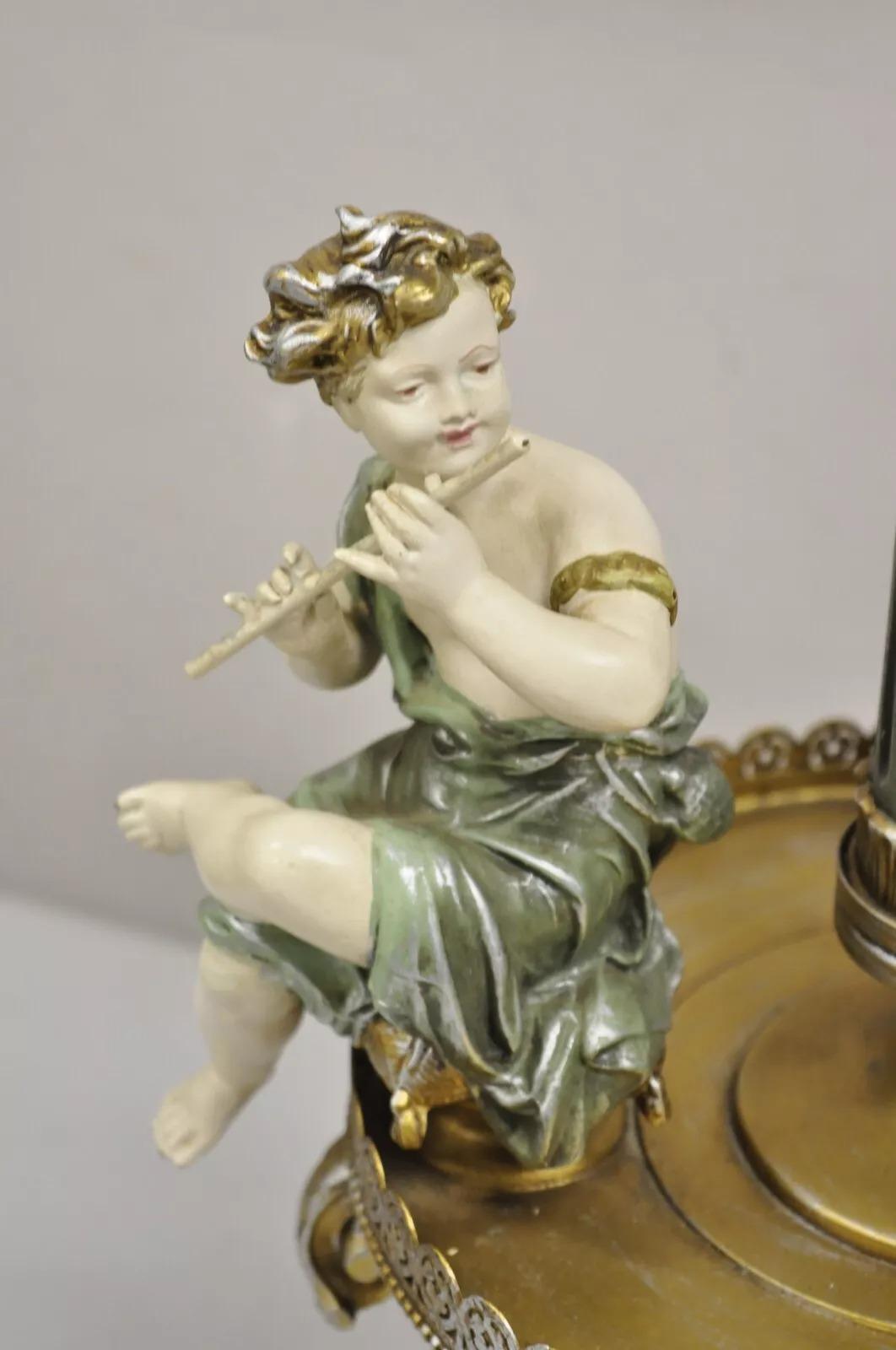 20th Century Vintage French Victorian Renaissance Figural Cherub Musician Metal Table Lamp For Sale