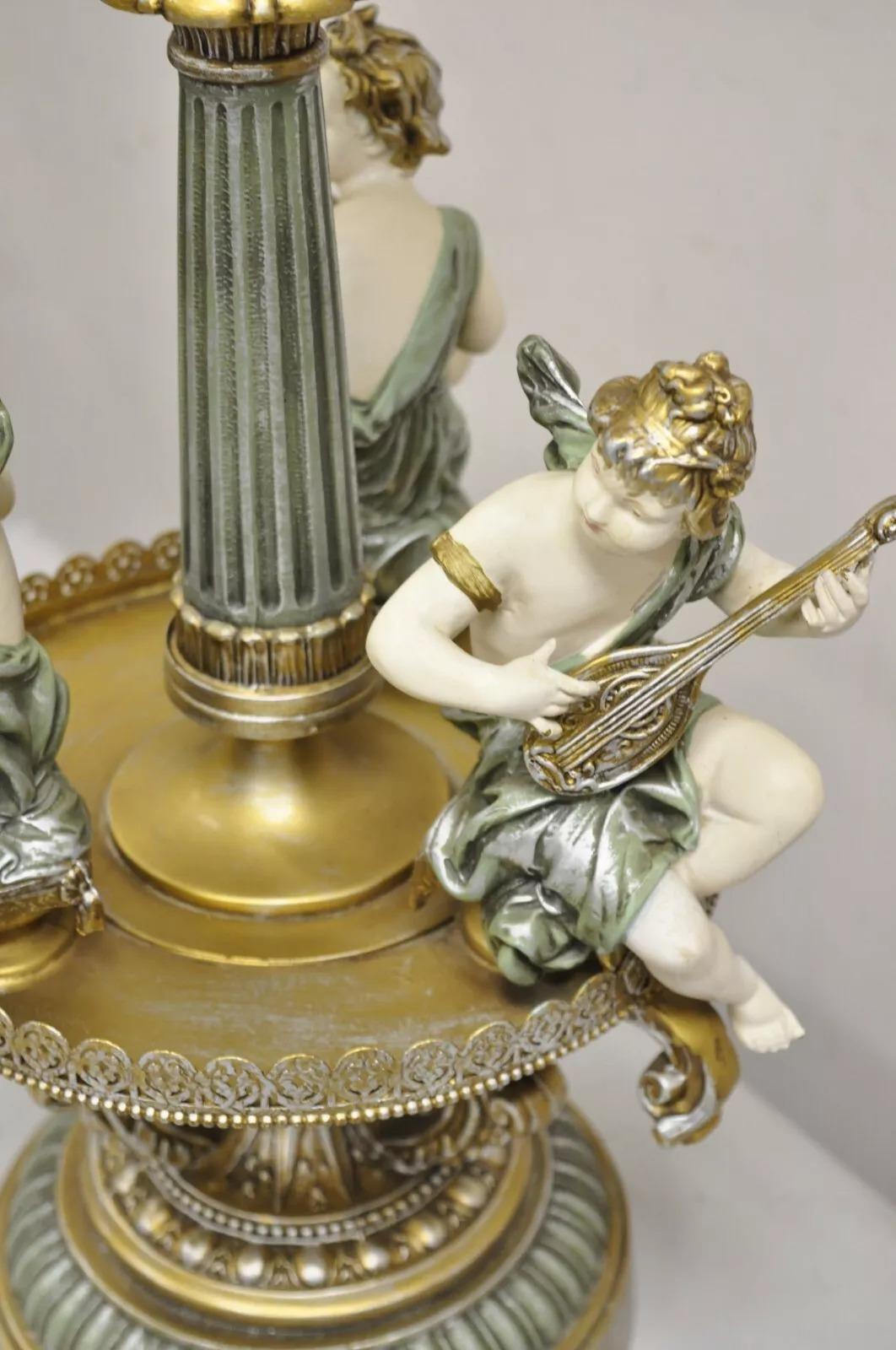 Vintage French Victorian Renaissance Figural Cherub Musician Metal Table Lamp For Sale 1
