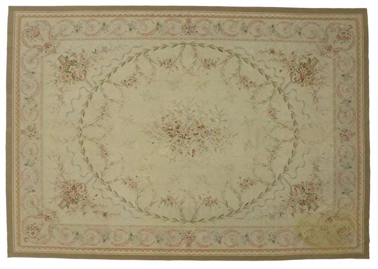Vintage French Victorian Style Area Rug with Aubusson Design For Sale