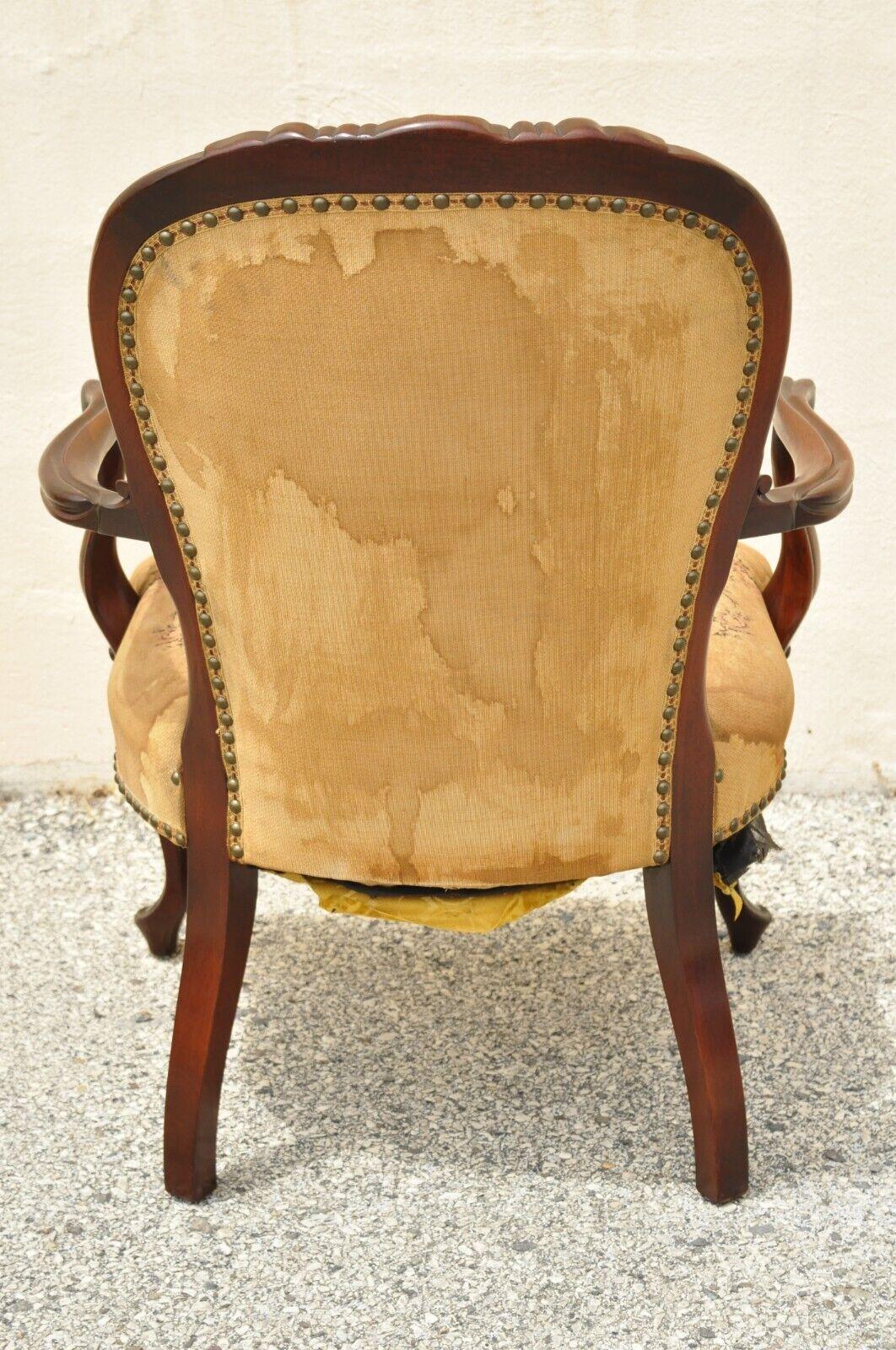 Vintage French Victorian Style Carved Mahogany Frame Lounge Arm Chair For Sale 5