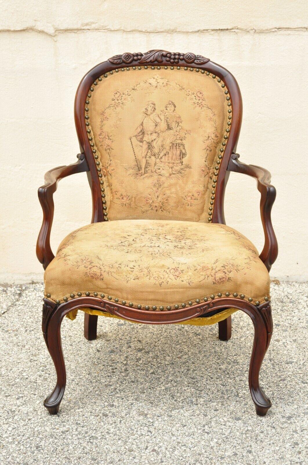 Vintage French Victorian Style Carved Mahogany Frame Lounge Arm Chair For Sale 7