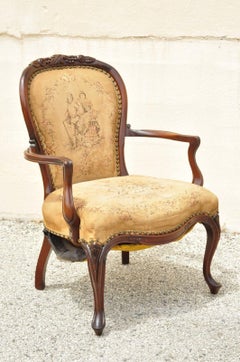 Vintage French Victorian Style Carved Mahogany Frame Lounge Arm Chair