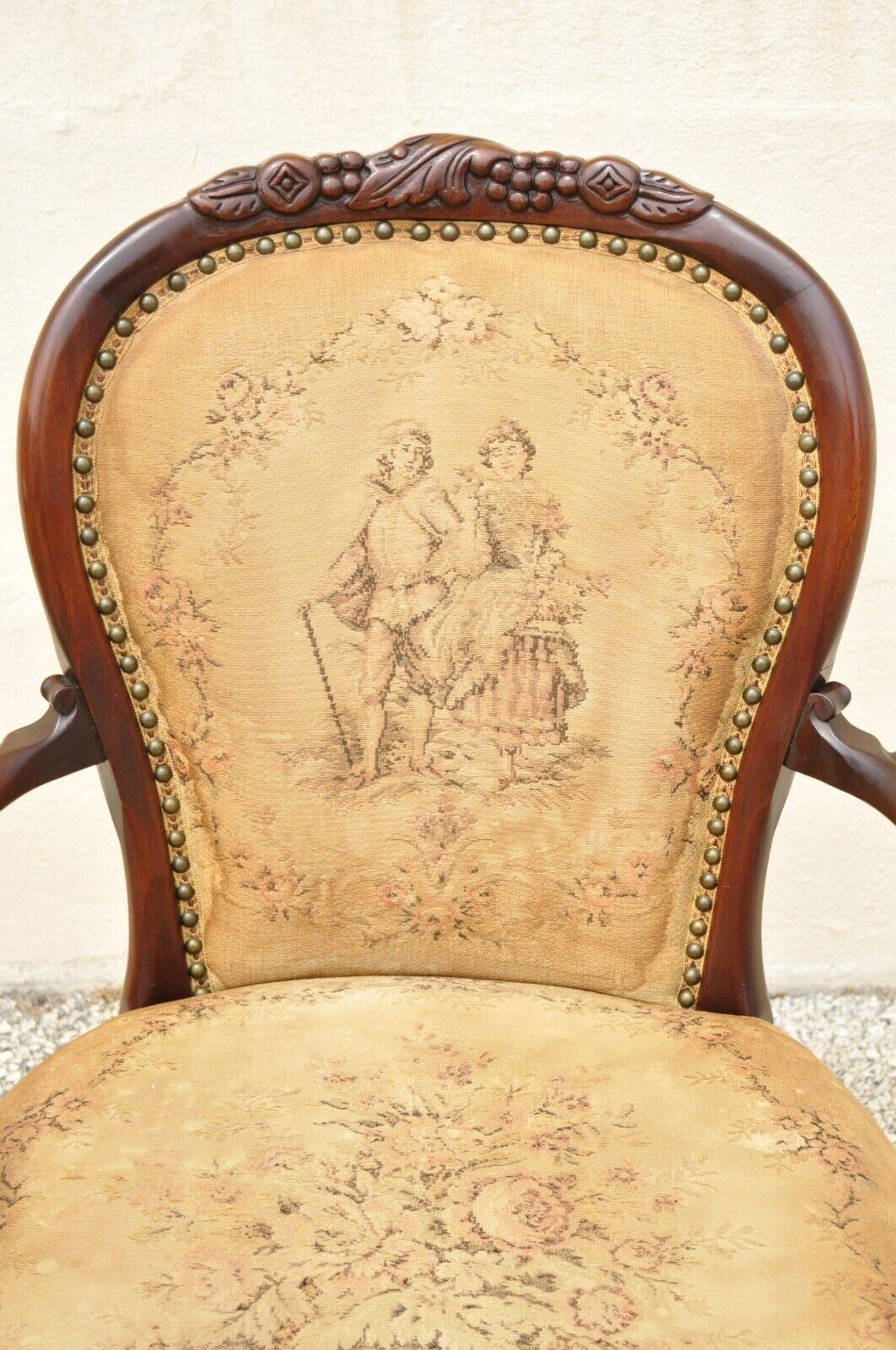 Vintage French Victorian Style Carved Mahogany Frame Lounge Arm Chair In Good Condition For Sale In Philadelphia, PA
