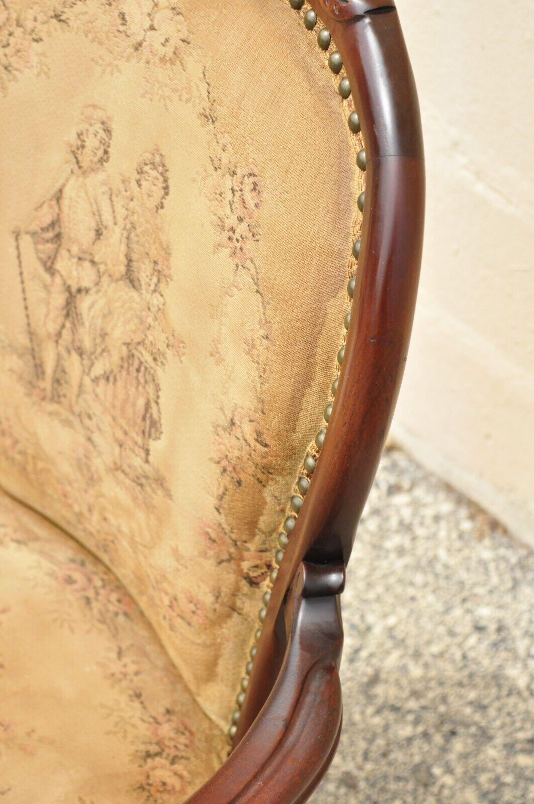 Vintage French Victorian Style Carved Mahogany Frame Lounge Arm Chair For Sale 1