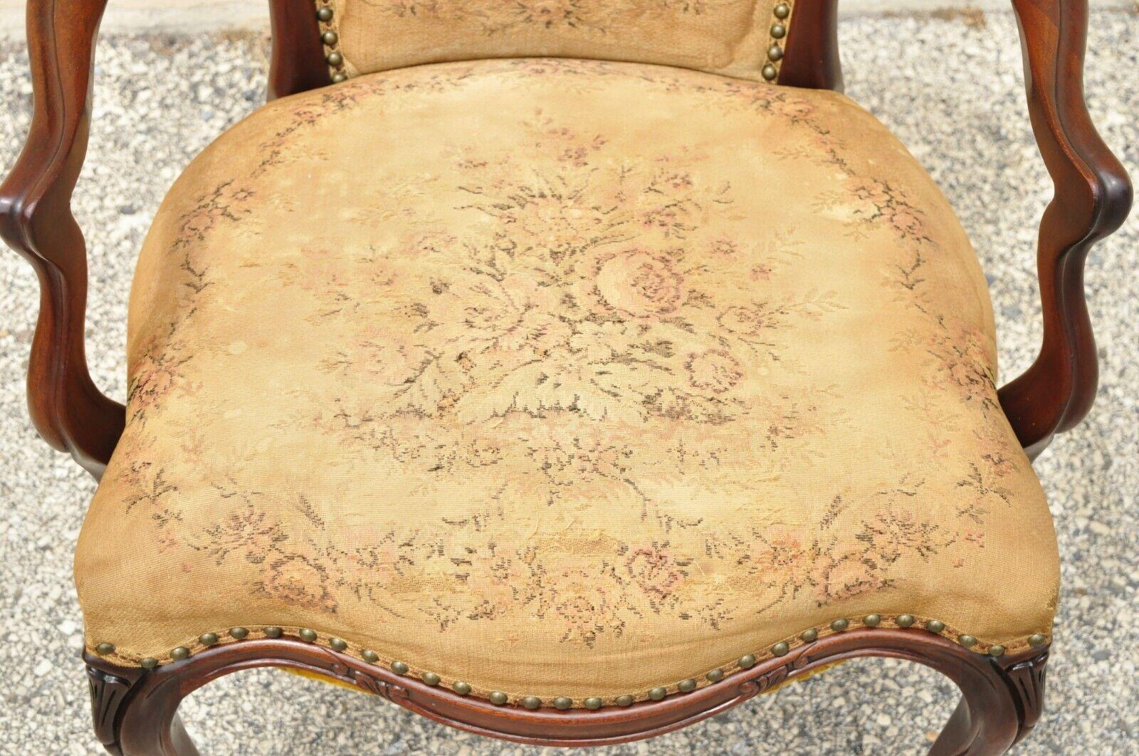 Vintage French Victorian Style Carved Mahogany Frame Lounge Arm Chair For Sale 2