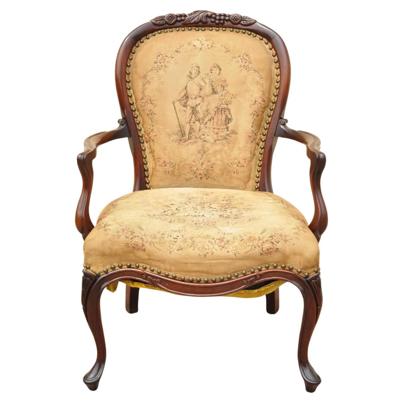 Vintage French Victorian Style Carved Mahogany Frame Lounge Arm Chair For Sale