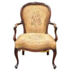Vintage French Victorian Style Carved Mahogany Frame Lounge Arm Chair