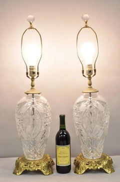 Vintage French Victorian Style Cut Crystal Glass Jardiniere Table Lamps - a Pair