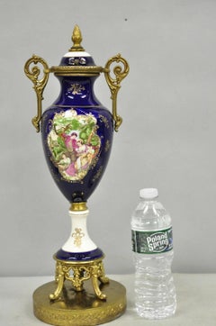 Vintage French Victorian Style Hand Painted Cobalt Blue Decorative Porcelain Urn