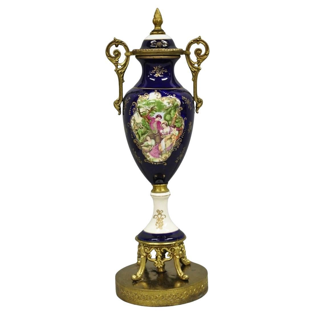 Urne décorative en porcelaine bleu cobalt peinte à la main et de style victorien français Vintage