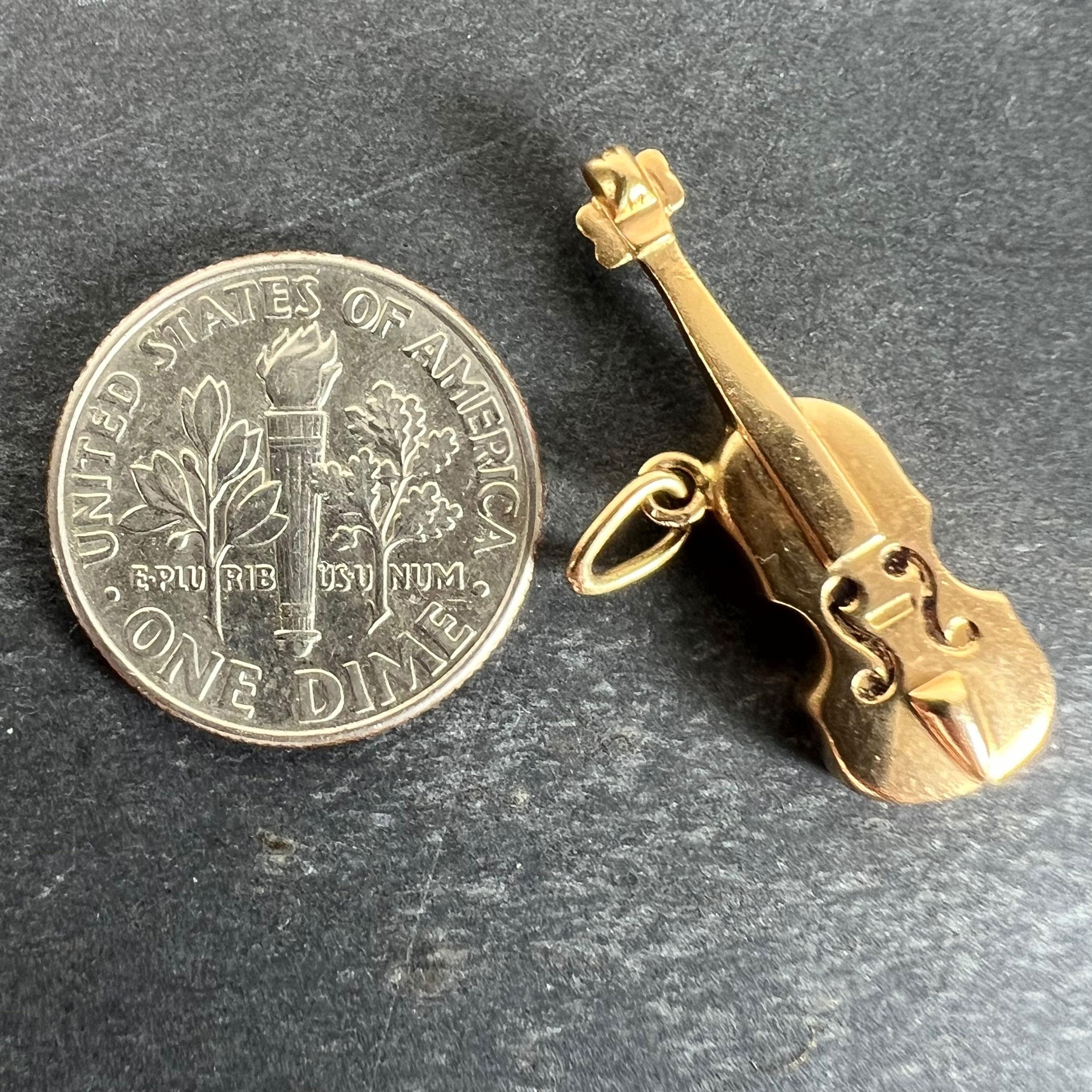 Vintage French Violin 18K Yellow Gold Enamel Charm Pendant For Sale 7