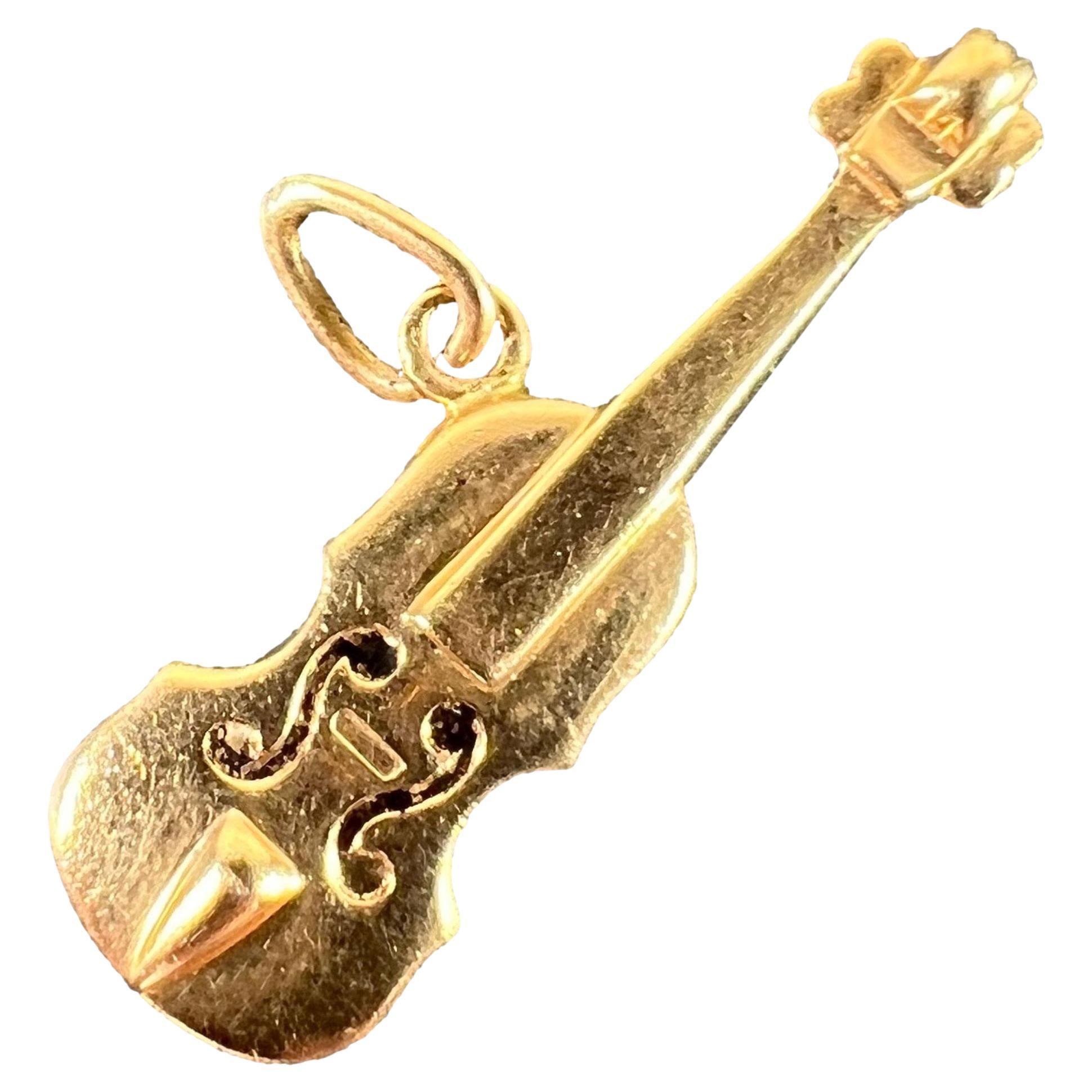 Vintage French Violin 18K Yellow Gold Enamel Charm Pendant For Sale