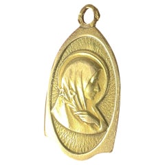 Vintage French Virgin Mary 18K Yellow Gold Religious Medal Charm Pendant