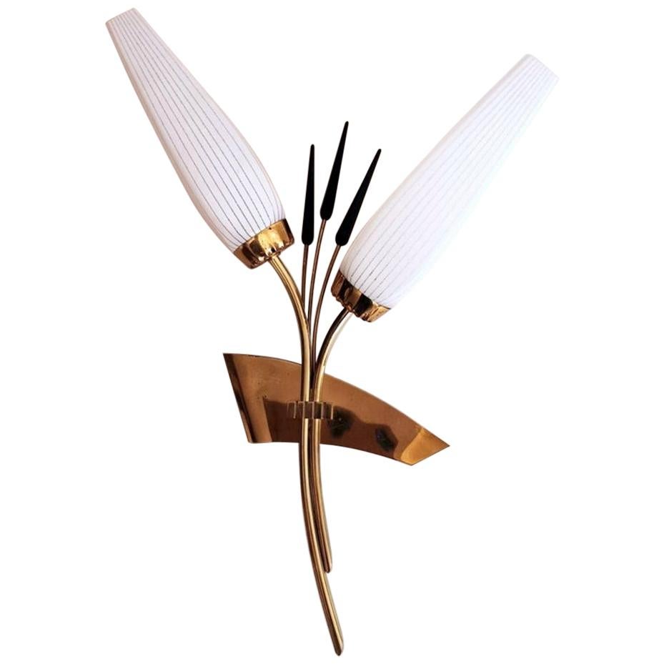 Vintage French Wall Sconce in Polished Brass with Black and White Glass