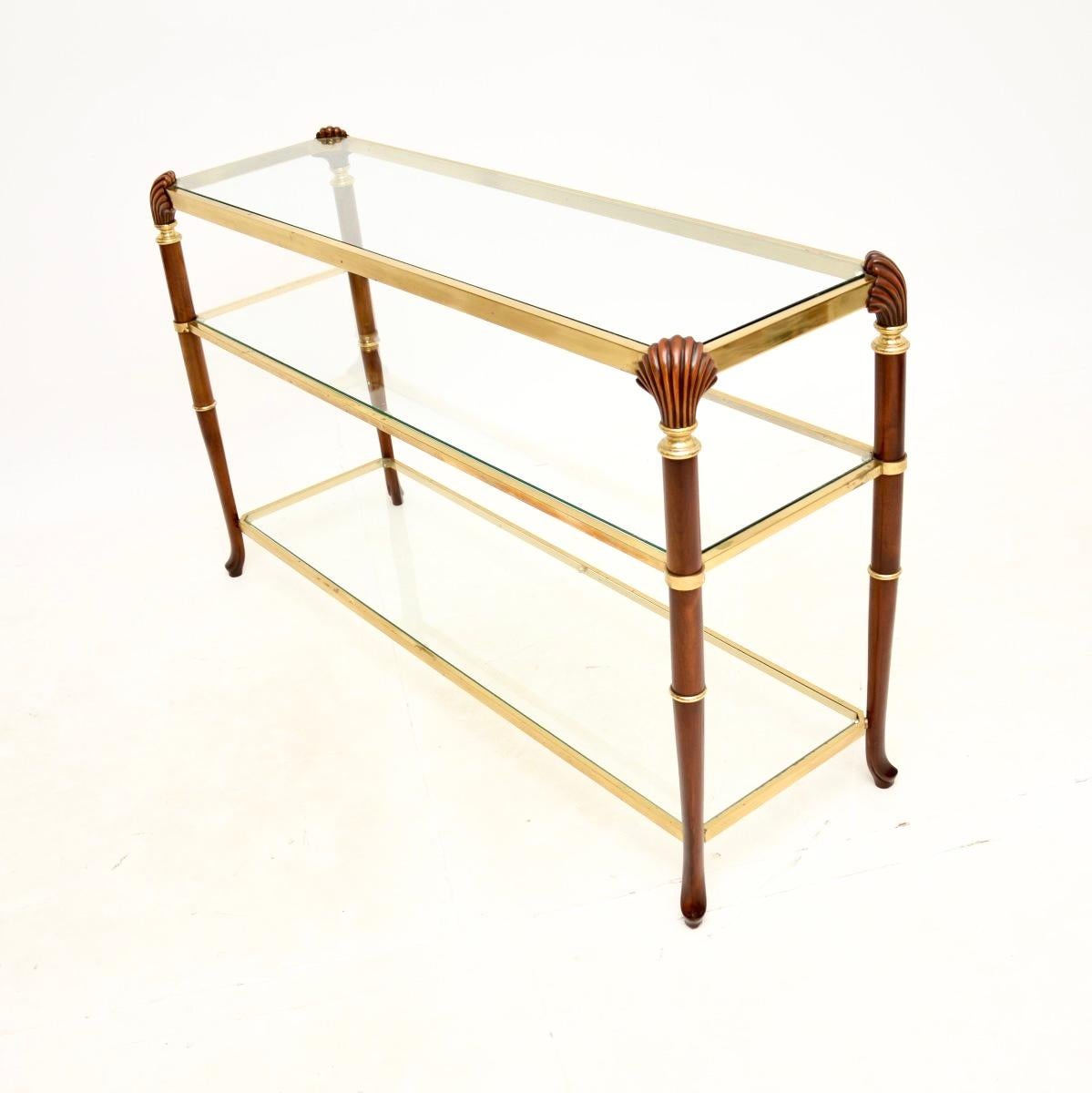 Mid-Century Modern Vintage French Walnut and Brass Console Table For Sale
