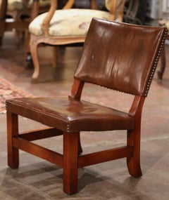 Vintage French Walnut and Leather Low Fireplace Chair from the Pyrenees