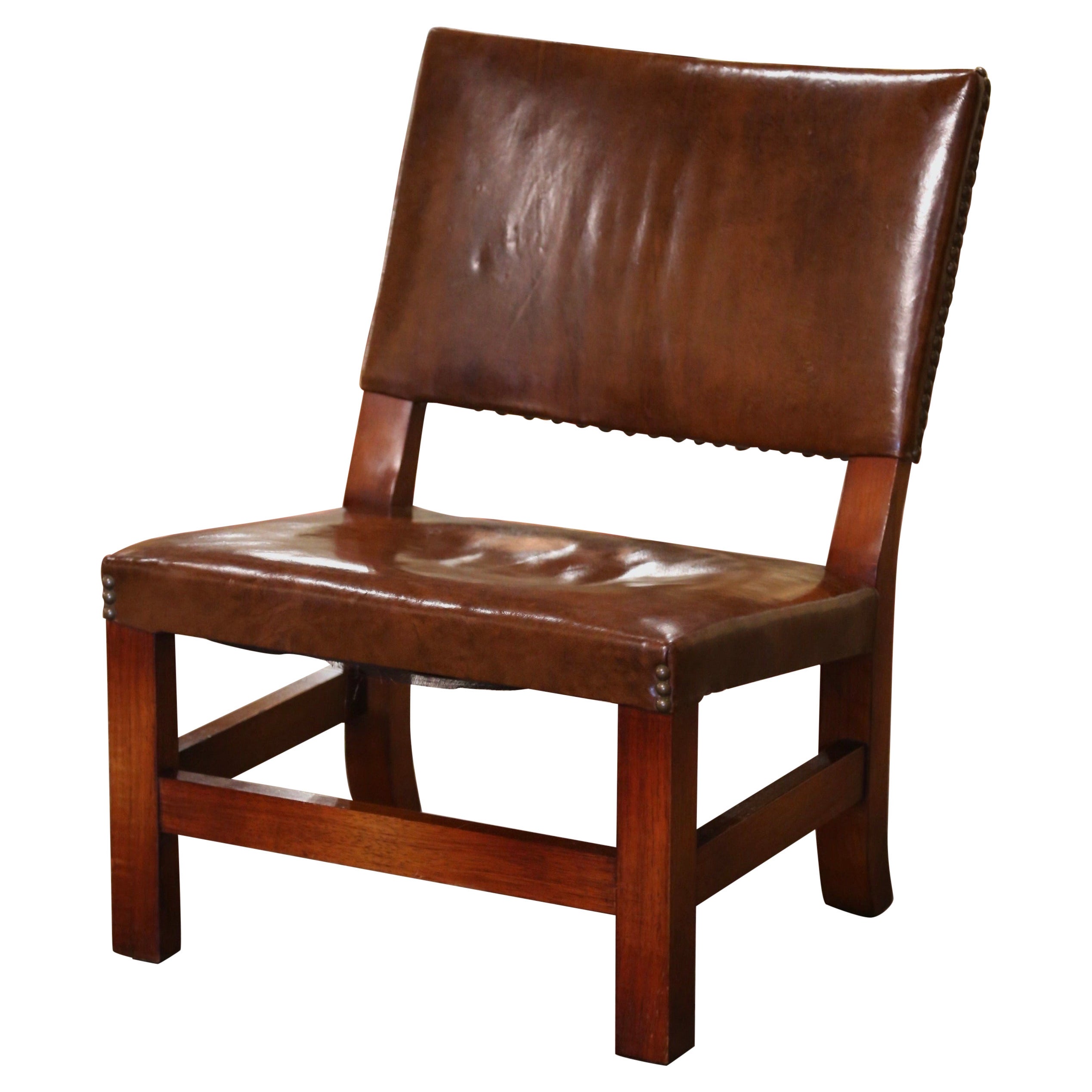 Vintage French Walnut and Leather Low Fireplace Chair from the Pyrenees