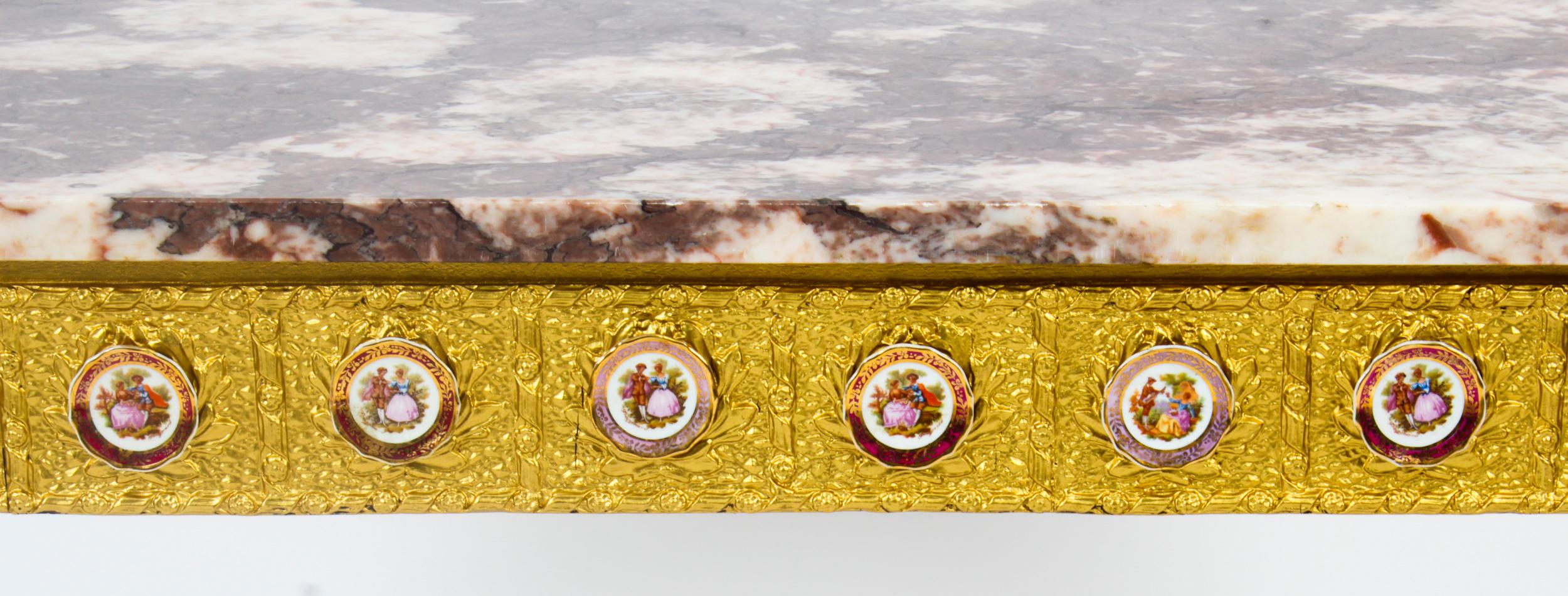 Marquetry Vintage French giltwood and marble top coffee table Limoges plaques 20th C For Sale