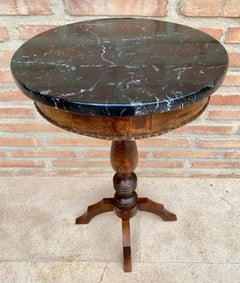 Vintage French Walnut Side Table with Black Marbled Tabletop, 1880s