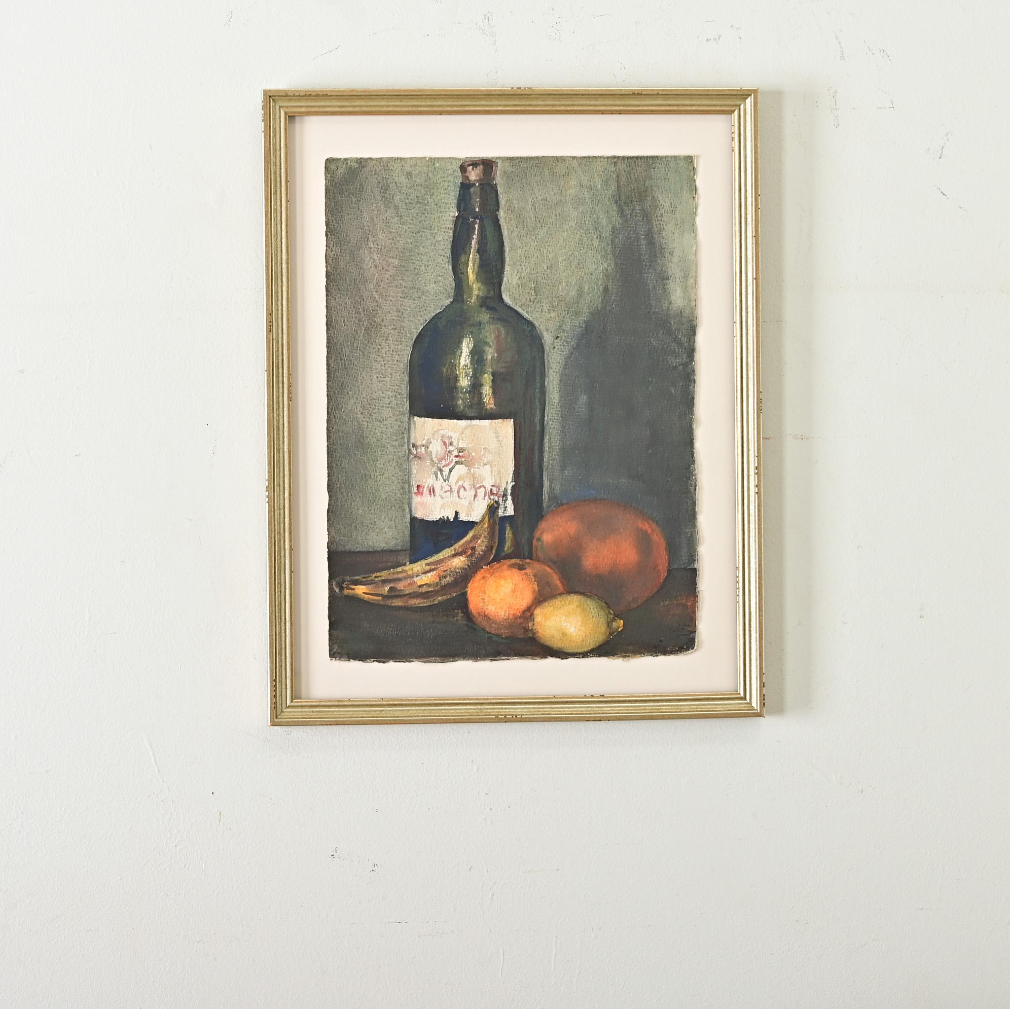 A vintage French still life, rendered in watercolor paint on paper, featuring a classic tablescape of a wine bottle accompanied by a few pieces of fruit. The moody palette relies heavily on green pigments contrasted with the yellow & orange of the
