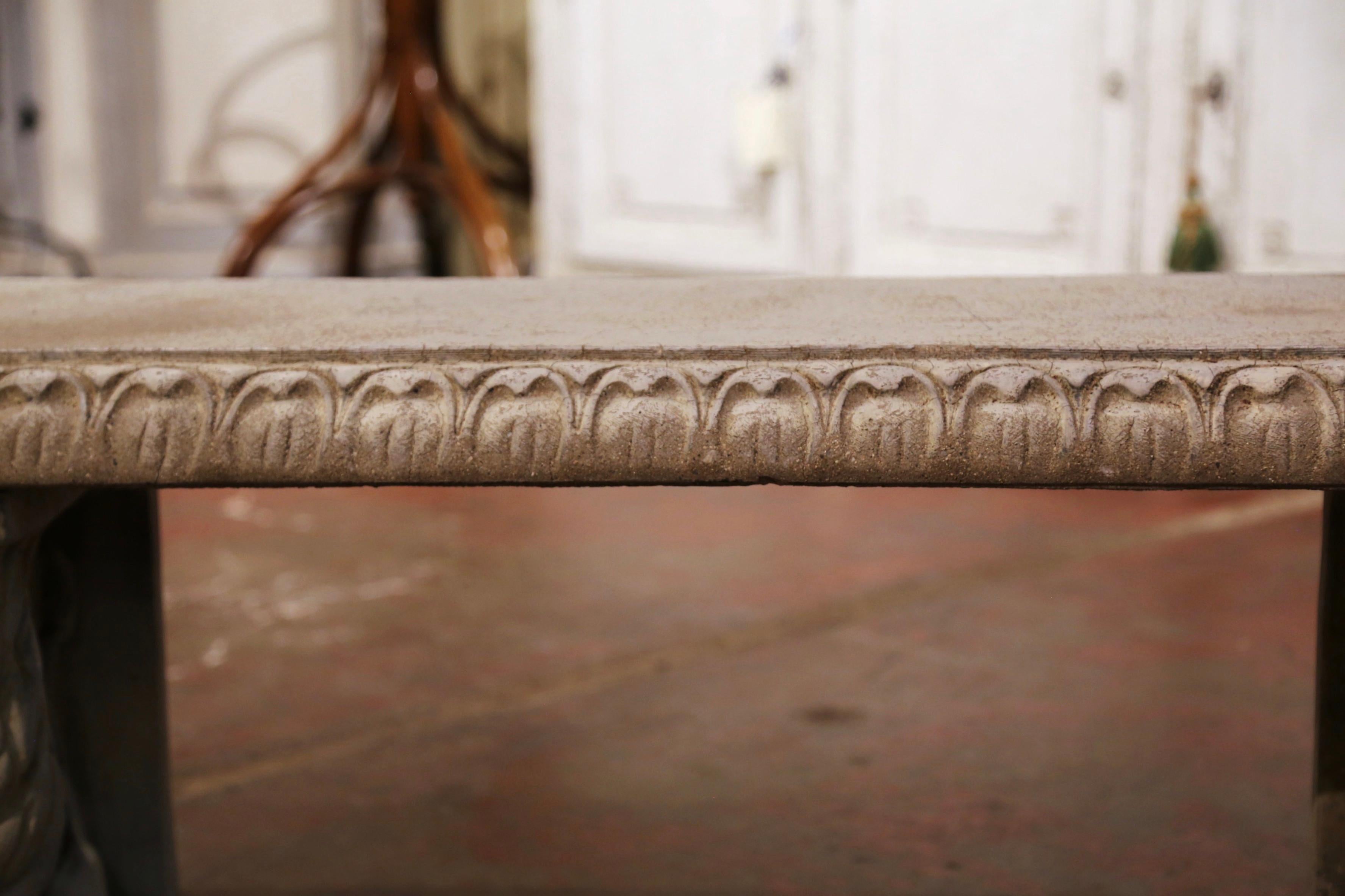 Vintage French Weathered Concrete Three-Piece Garden Bench with Lion Figures 2