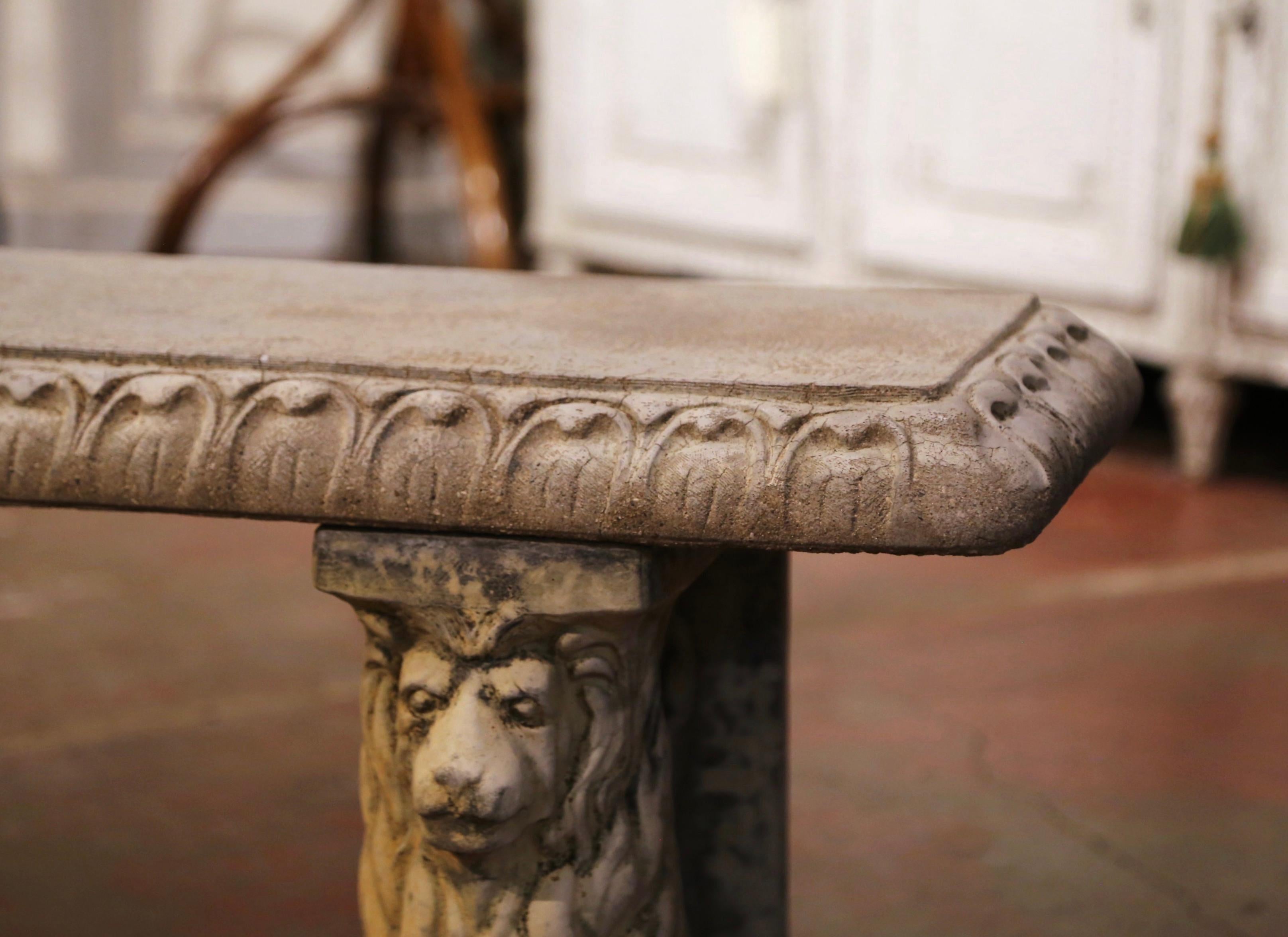 Vintage French Weathered Concrete Three-Piece Garden Bench with Lion Figures 3