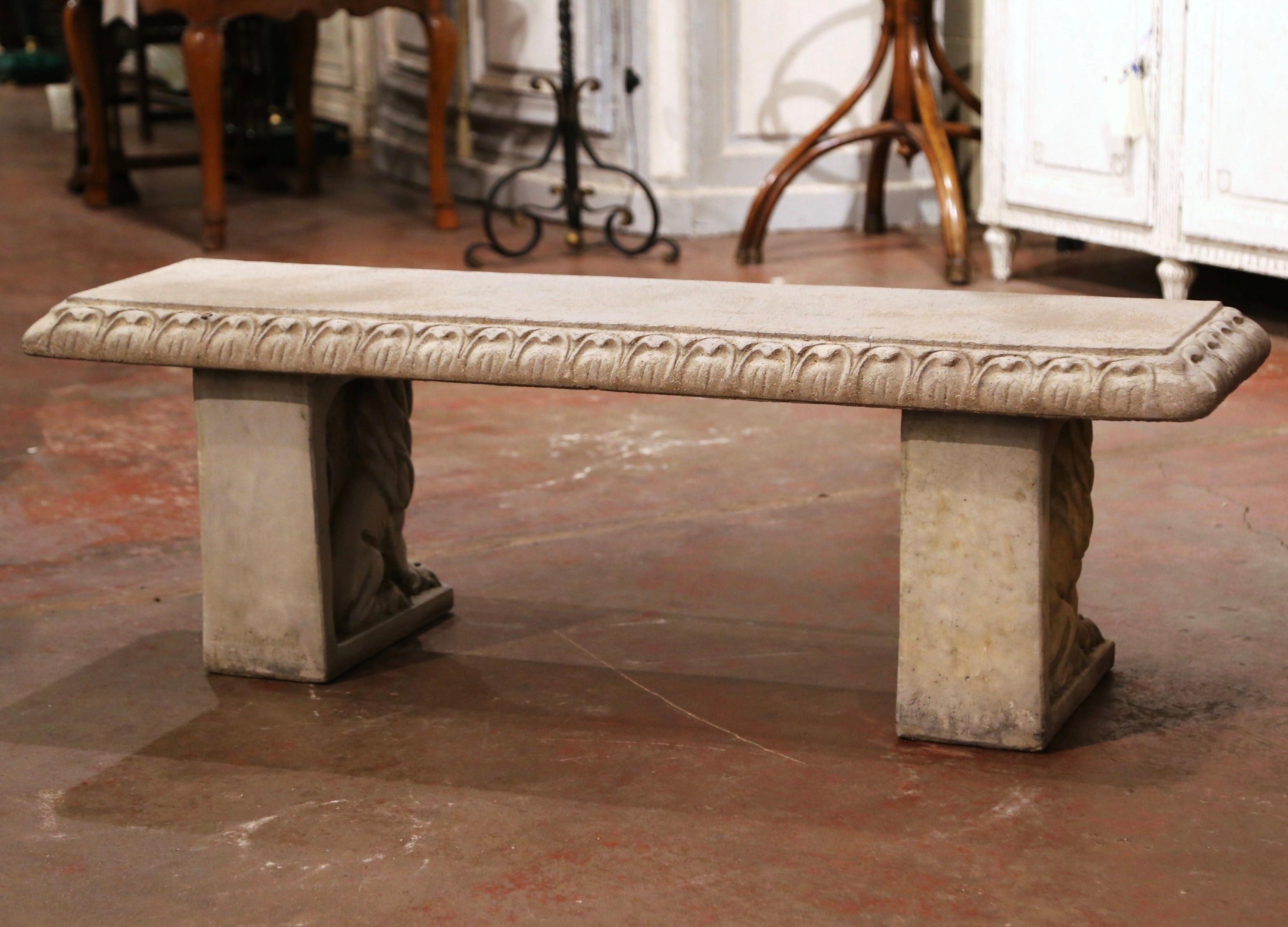 Vintage French Weathered Concrete Three-Piece Garden Bench with Lion Figures 4